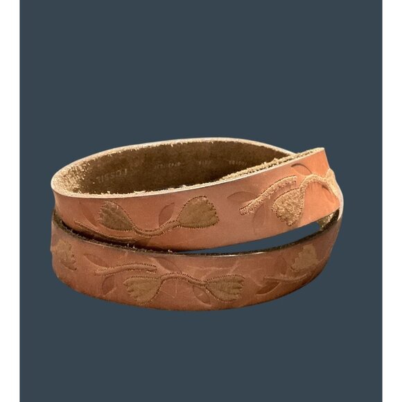 Fossil Women's Embossed Embroidered Brown Leather Belt With Floral Pattern Sz S - Picture 3 of 7